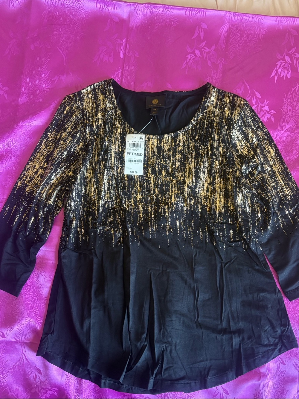 JM Collection Black Tunic Top with Gold Metallic Brushstroke Accents